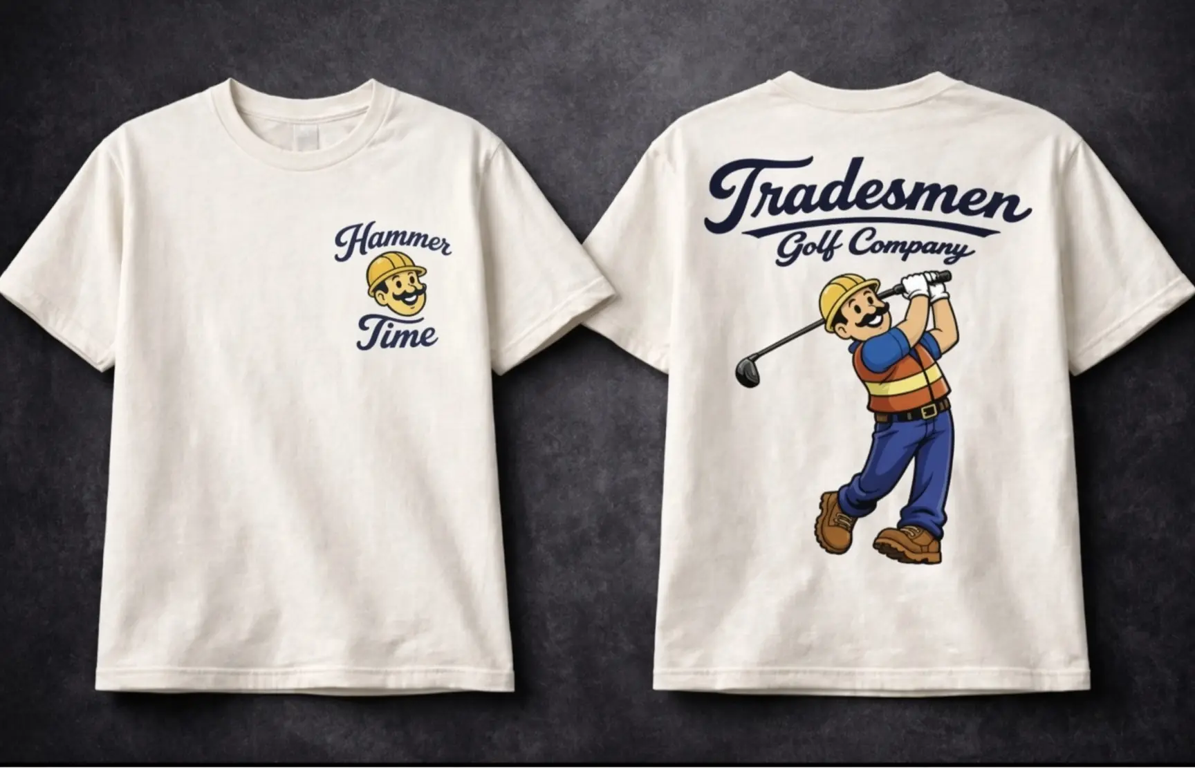 Higher-resolution cream Hammer Time Tradesmengolf tee concept shown from the front and back