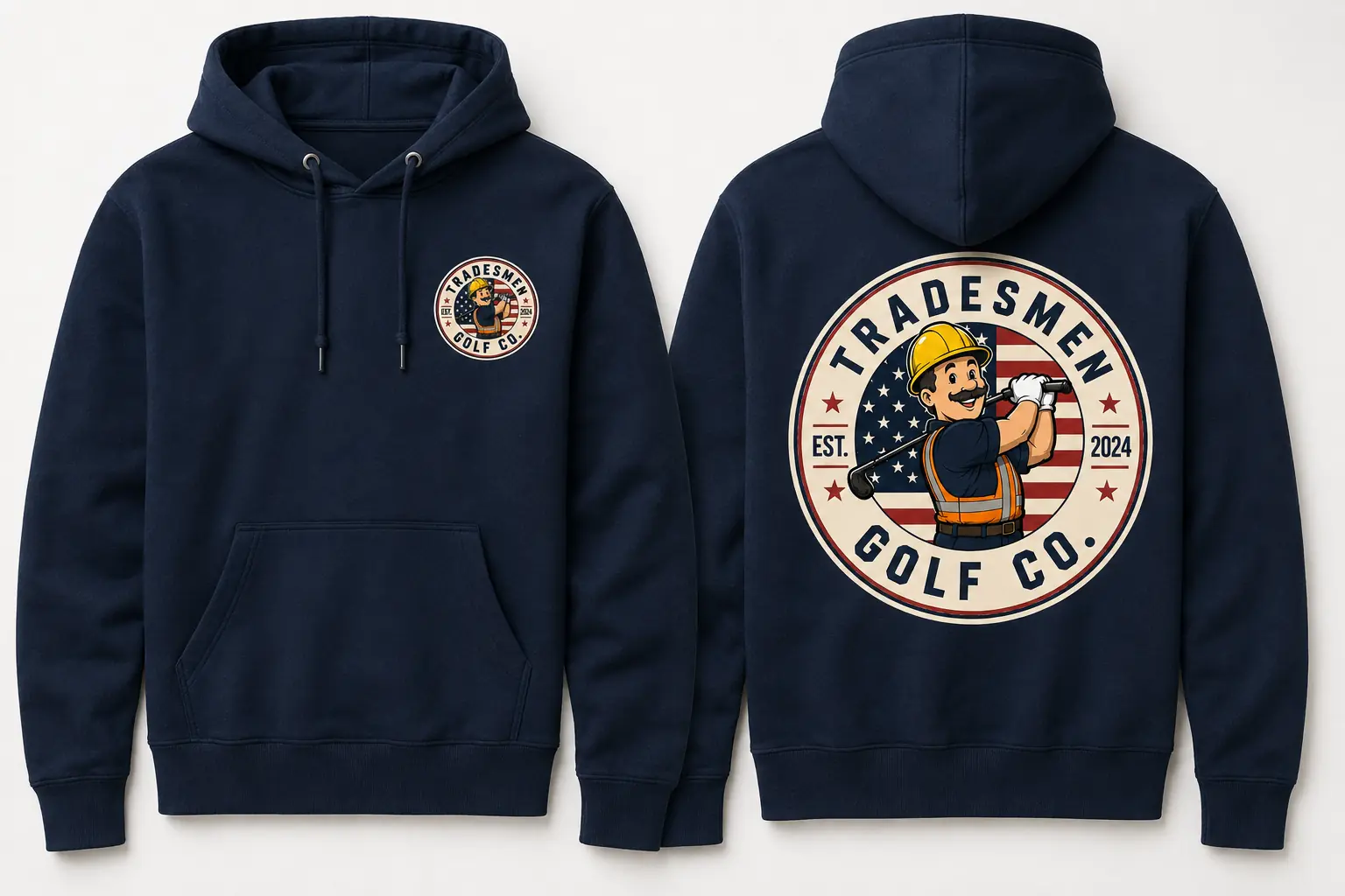 Navy Tradesmen Golf Company pullover hoodie shown from the front and back with round chest and large back artwork
