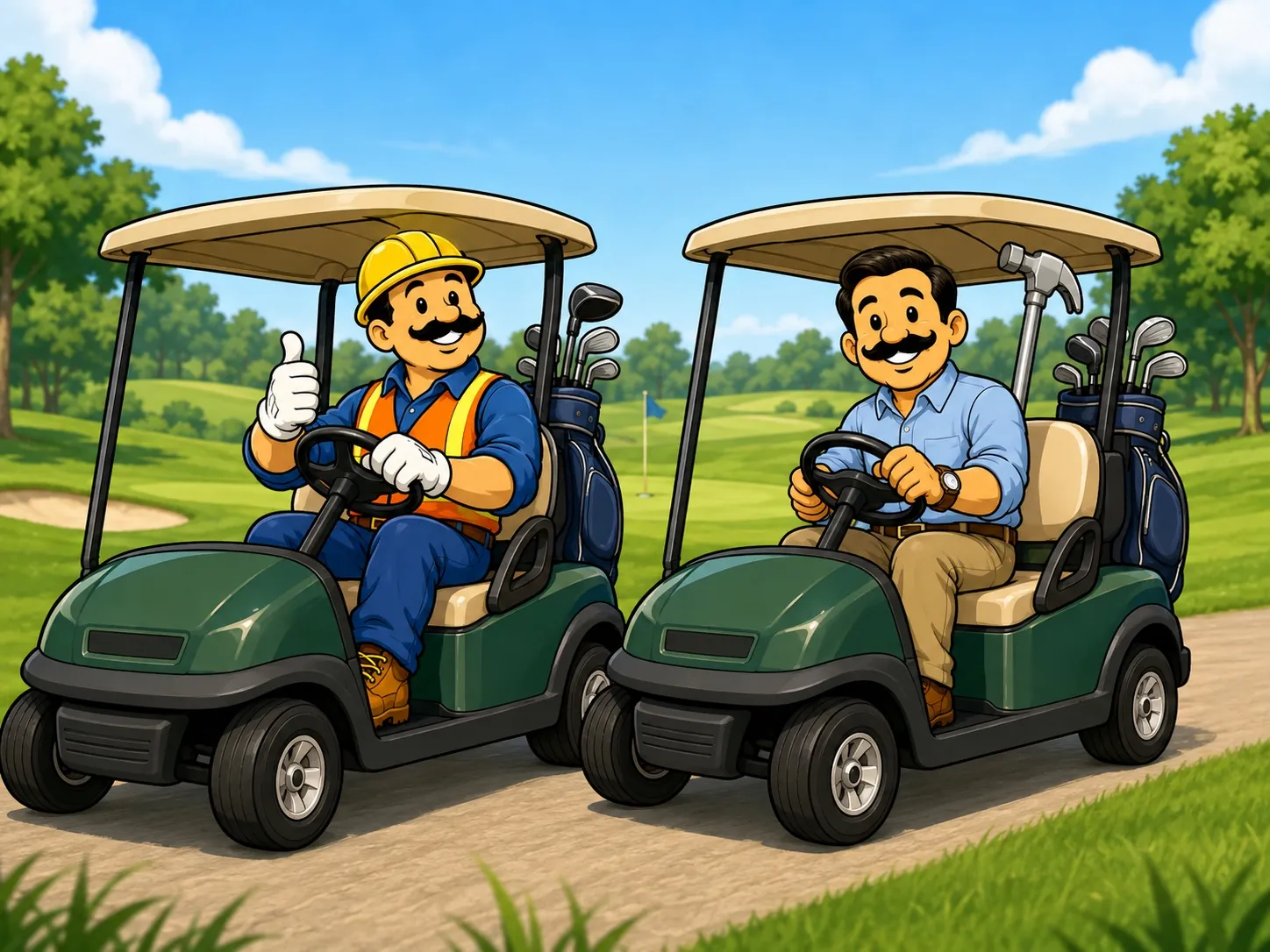 Union Jack and Hammerin' Hank driving golf carts on a golf course